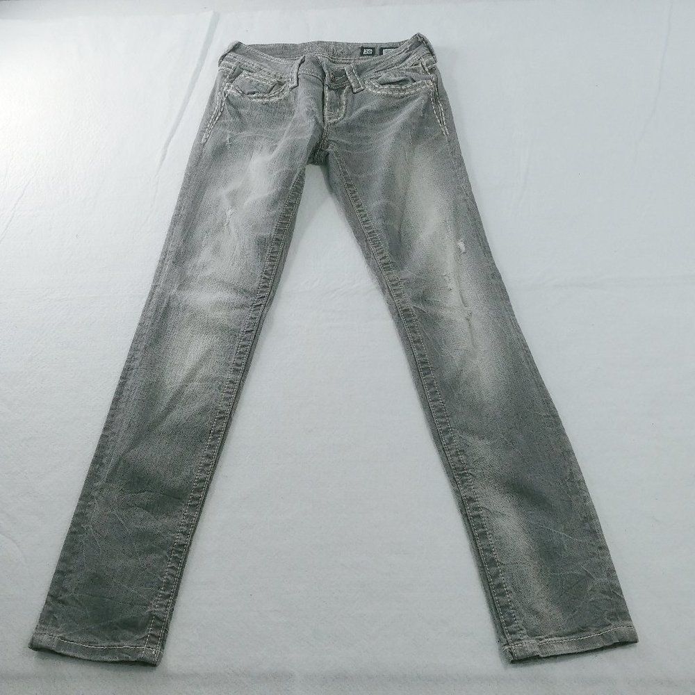 Miss Me Jeans Size 26 Gray Distressed Straight Pocket Boho Embroidered Juniors